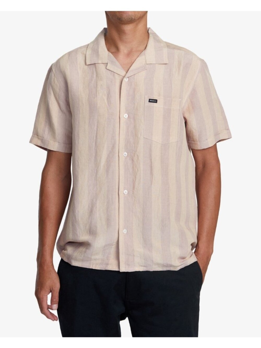 $66 RVCA Men’s Love Stripe Short Sleeves Pink Linen Shirt Button-Up Size L